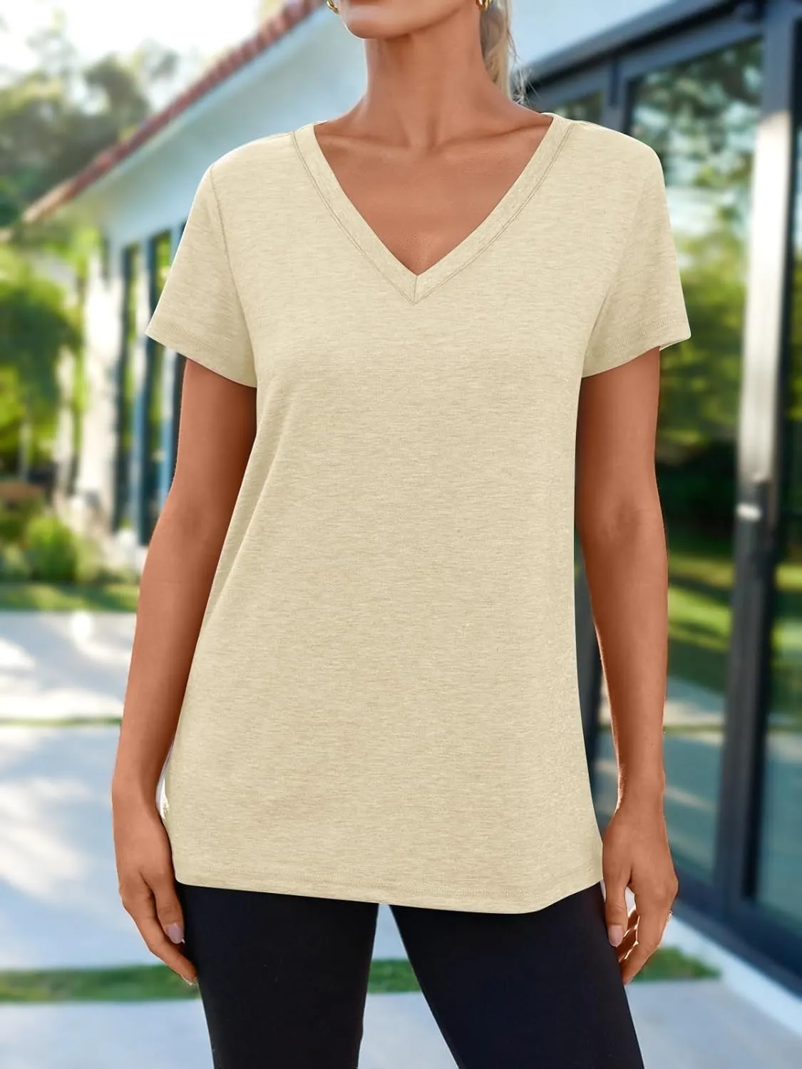 AUTOMET T-Shirts Short Sleeve V Neck Tees Tops for Women Fashion Trendy Lightweight Soft Casual Summer Outfits Clothes 2025