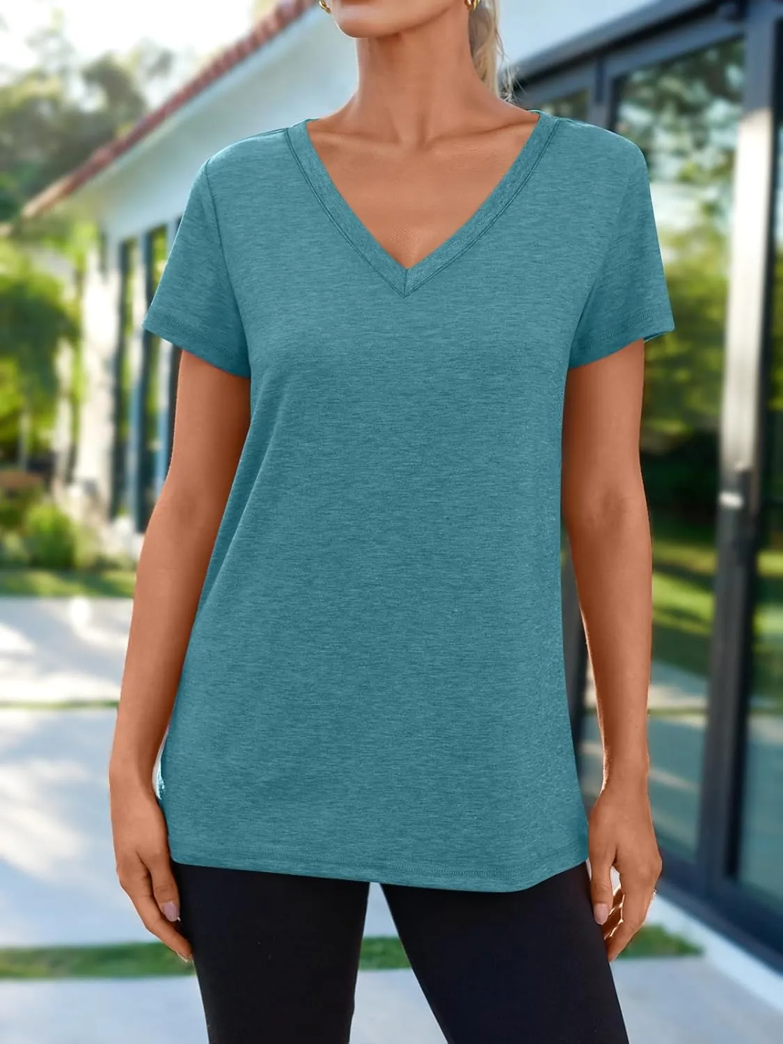 AUTOMET T-Shirts Short Sleeve V Neck Tees Tops for Women Fashion Trendy Lightweight Soft Casual Summer Outfits Clothes 2025