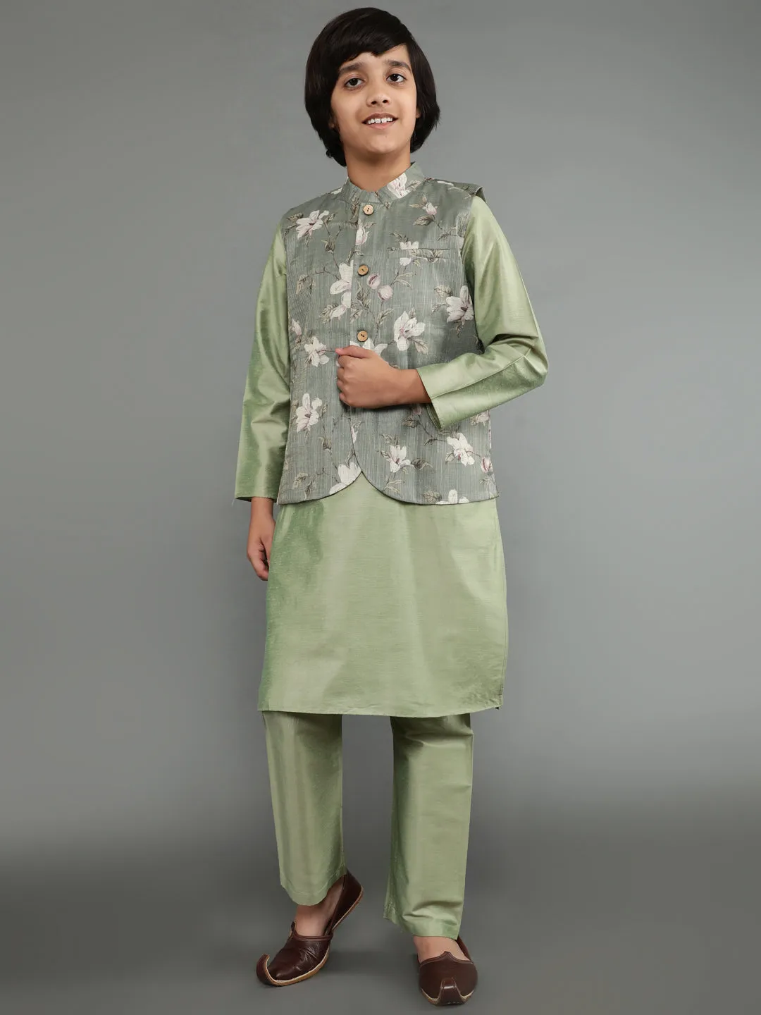 Boy's Pastel Green Kurta Pant With Nehru Jacket - Aks Boys