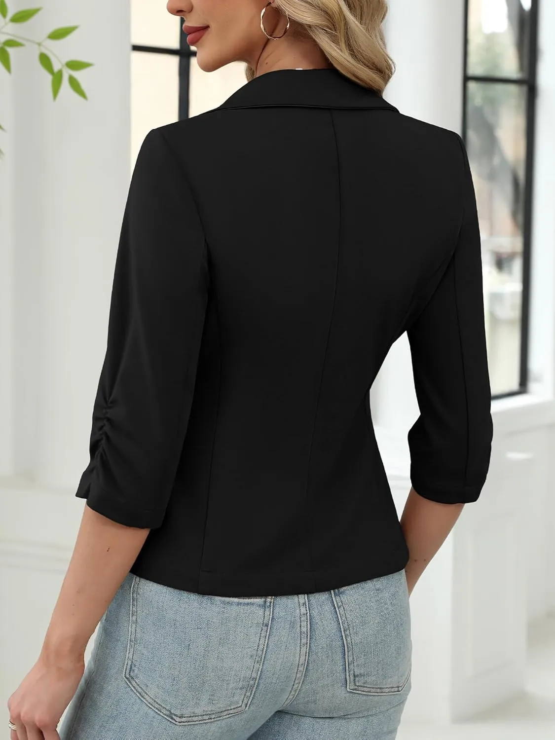 ELLEVEN Womens Casual 3/4 Sleeve Knit Blazers - High Stretch Business Work Suit Slim Fit Jacket with Pockets