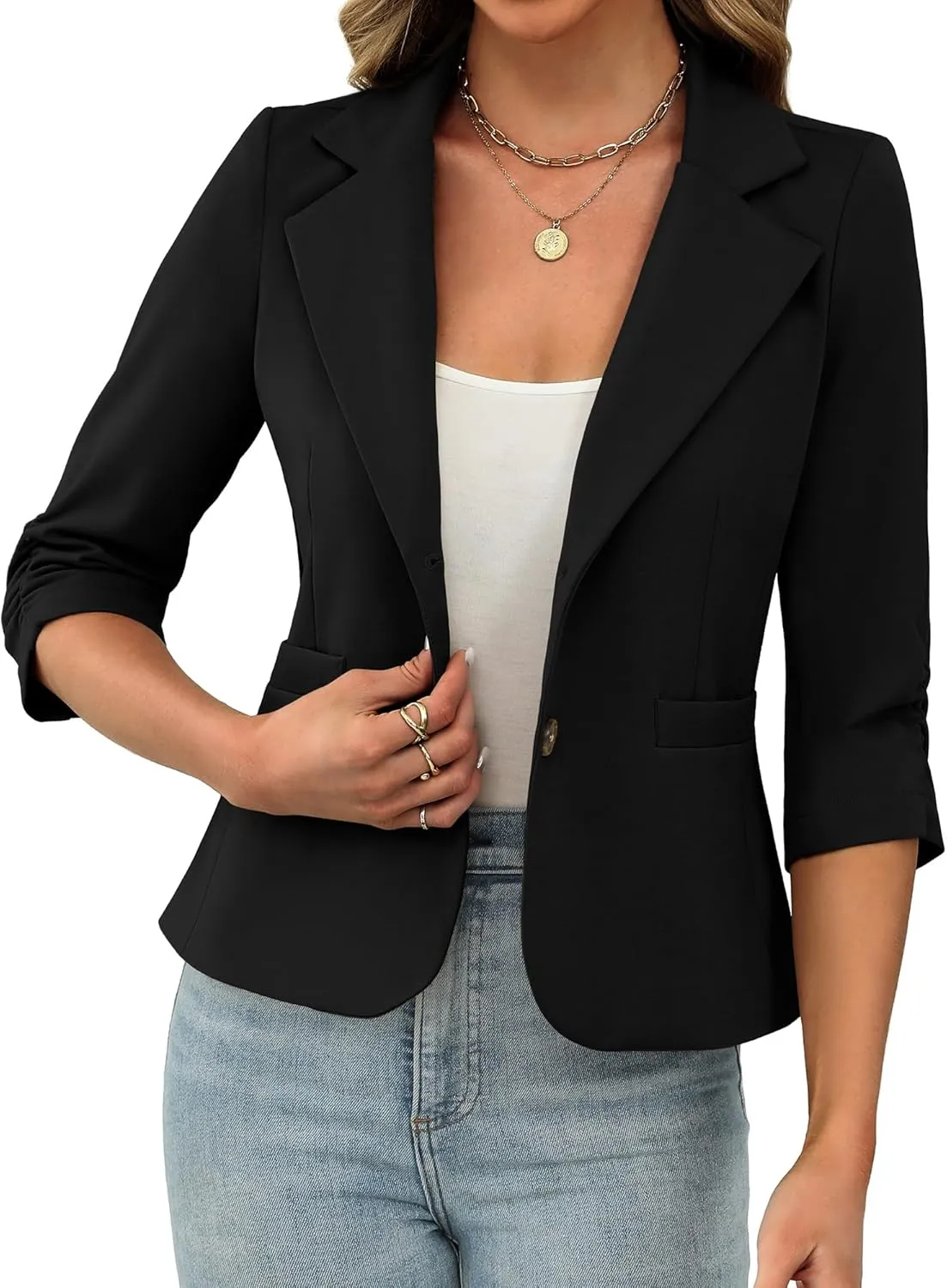 ELLEVEN Womens Casual 3/4 Sleeve Knit Blazers - High Stretch Business Work Suit Slim Fit Jacket with Pockets
