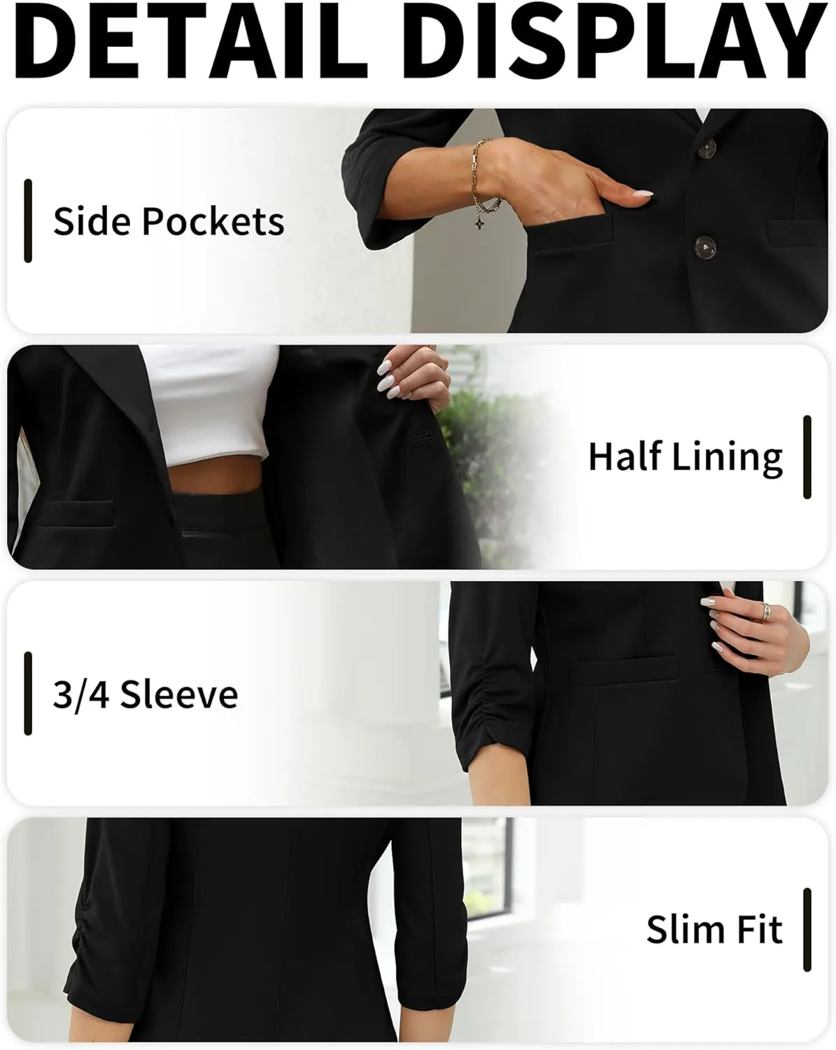 ELLEVEN Womens Casual 3/4 Sleeve Knit Blazers - High Stretch Business Work Suit Slim Fit Jacket with Pockets