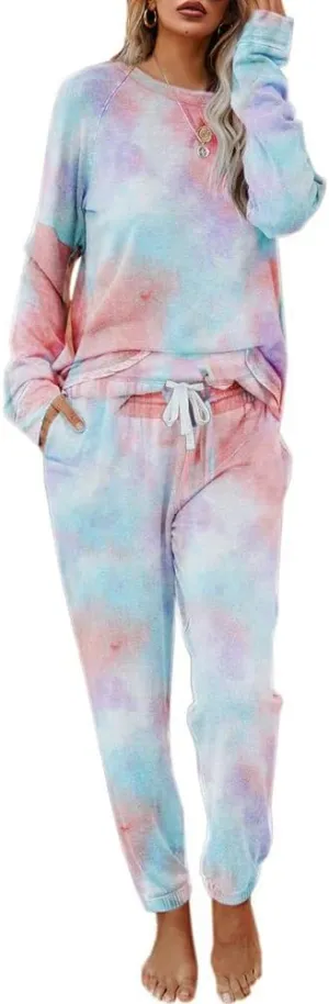 Eurivicy Women's Tie Dye Sweatsuit Set 2 Piece Long Sleeve Pullover and Drawstring Sweatpants Sport Outfits Sets