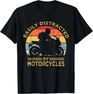 Funny Motorcycles Gift Easily Distracted By Motorcycles Vintage Unisex Black Cotton Polyester Short Sleeve Crew Neck Classic Fit T-Shirt Small