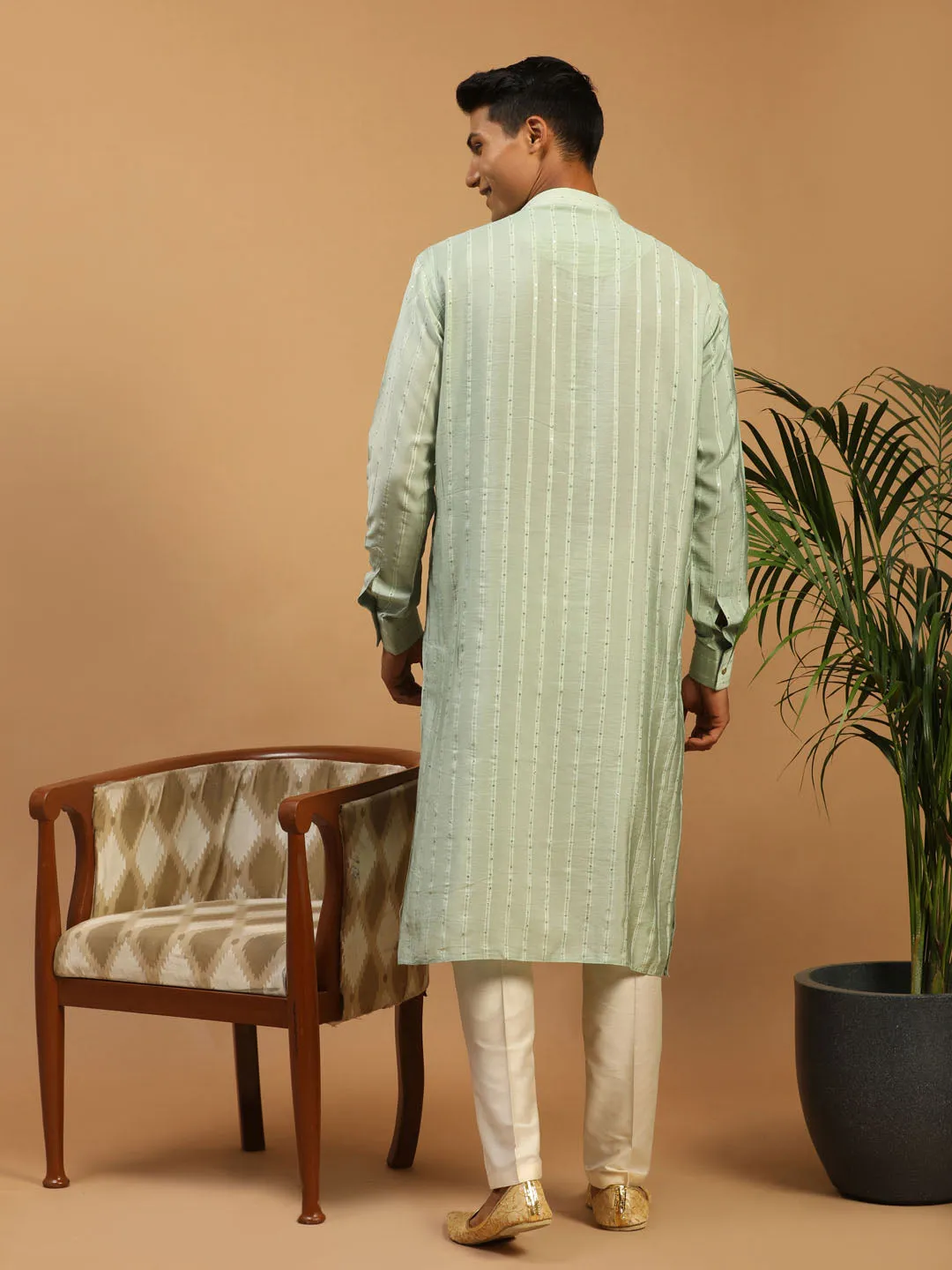 Jashvi Men's Green Sequined Kurta Pant And Dupatta Set
