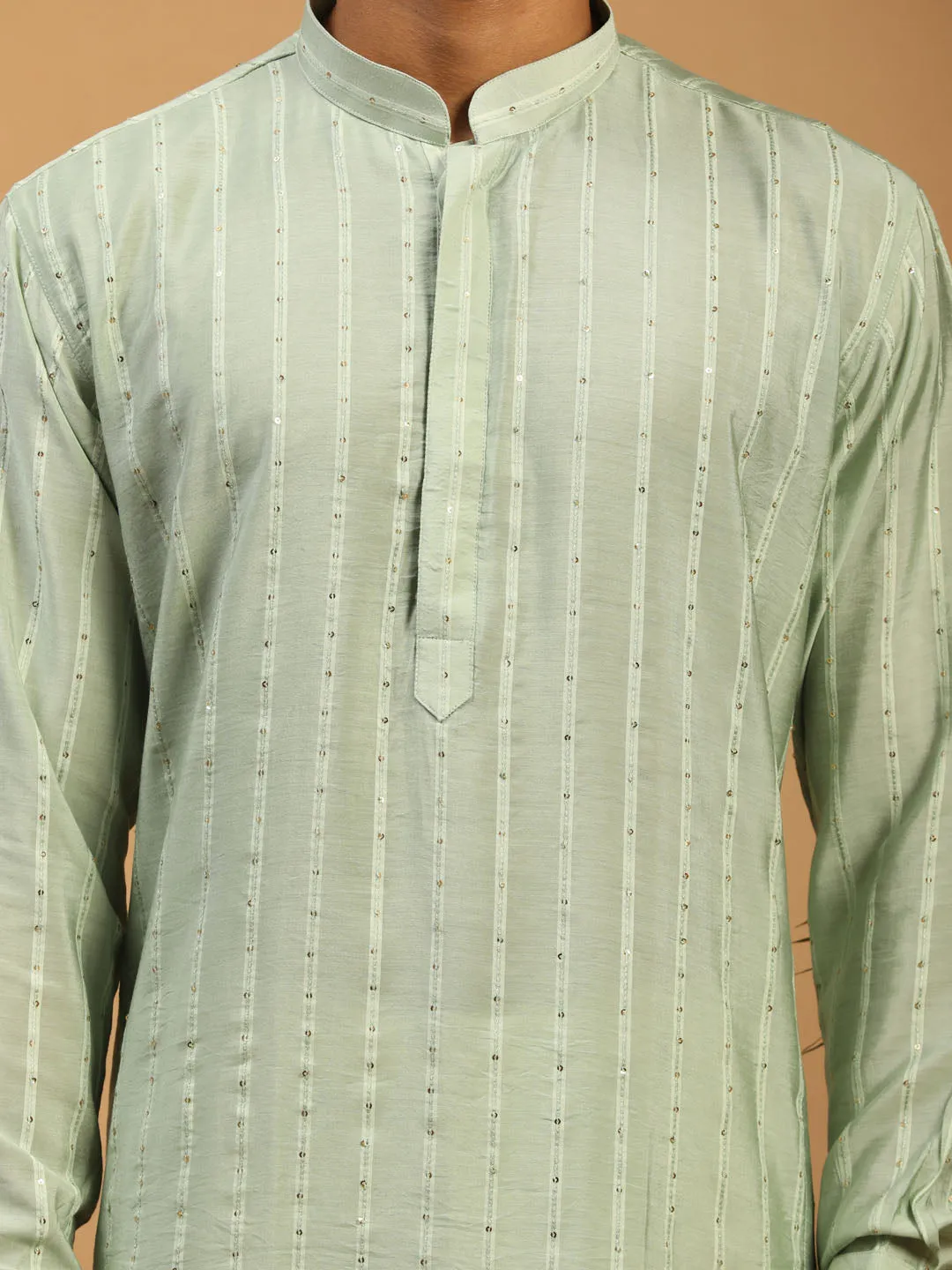 Jashvi Men's Green Sequined Kurta Pant And Dupatta Set