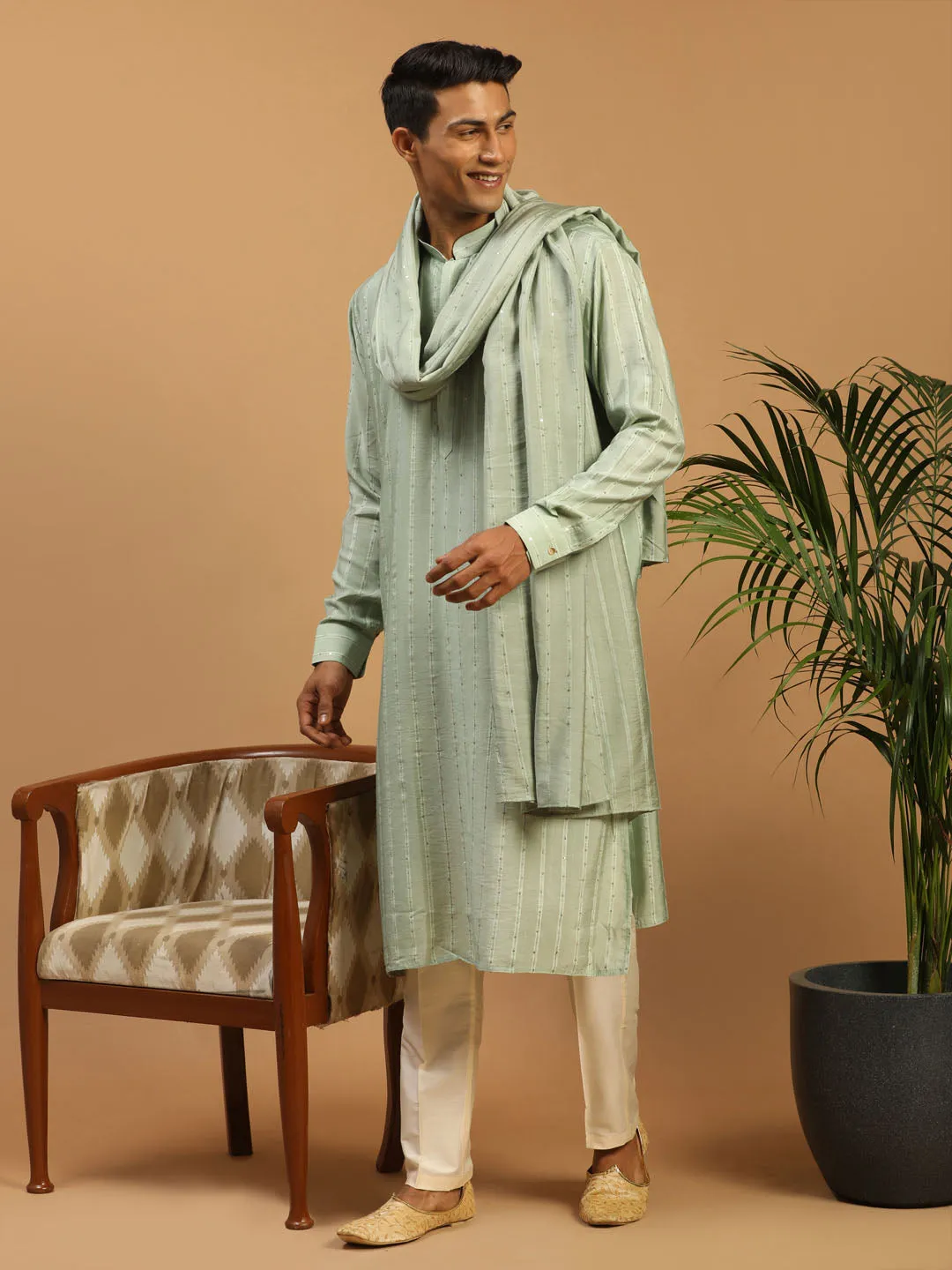 Jashvi Men's Green Sequined Kurta Pant And Dupatta Set
