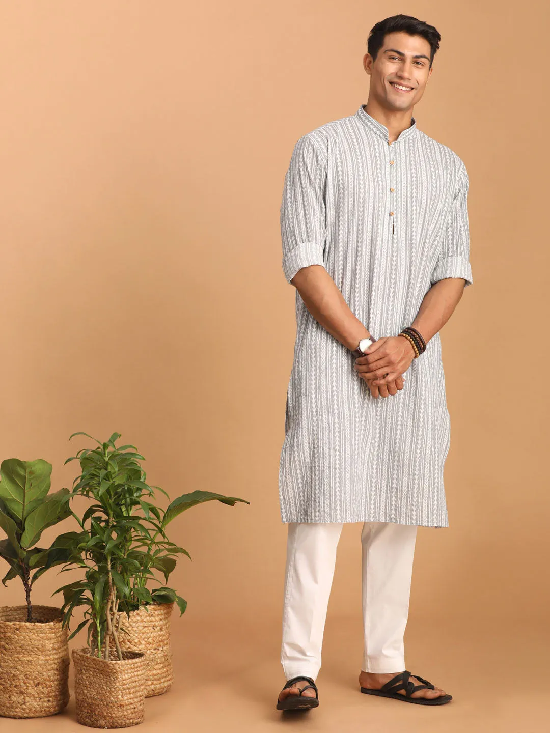 Jashvi Men's Grey And White Batik Printed Kurta with White Pant Set