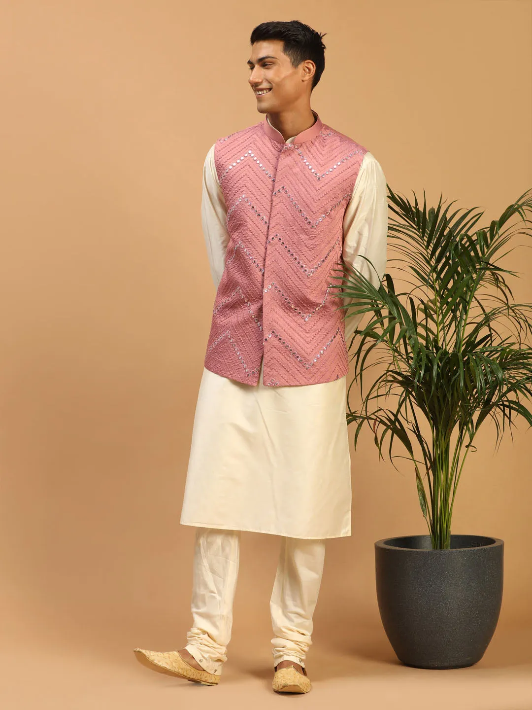 Jashvi Men's Onion Pink Mirror Jacket With Kurta Pyjama Set
