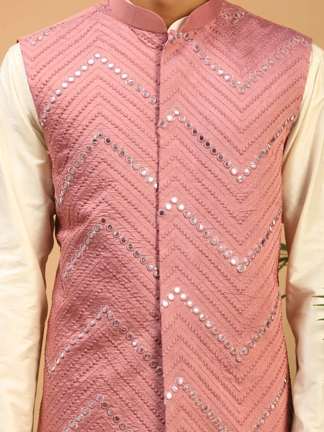 Jashvi Men's Onion Pink Mirror Jacket With Kurta Pyjama Set