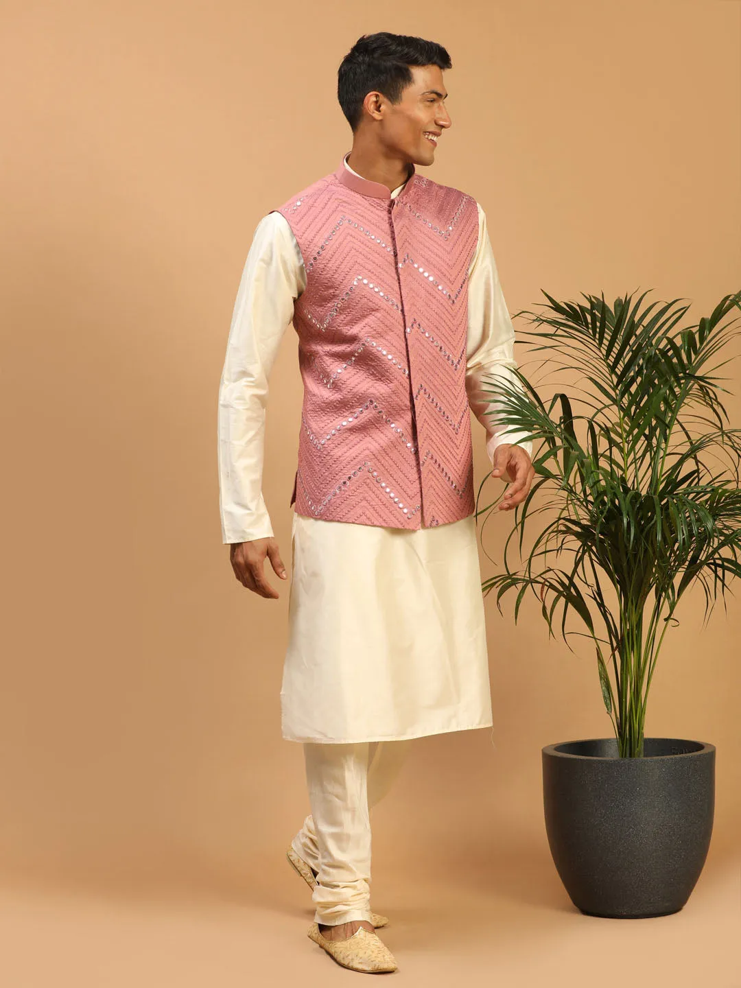 Jashvi Men's Onion Pink Mirror Jacket With Kurta Pyjama Set