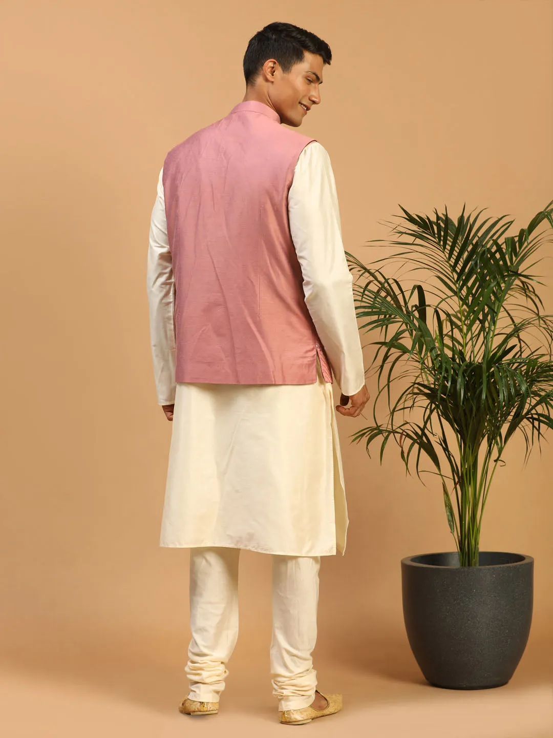 Jashvi Men's Onion Pink Mirror Jacket With Kurta Pyjama Set