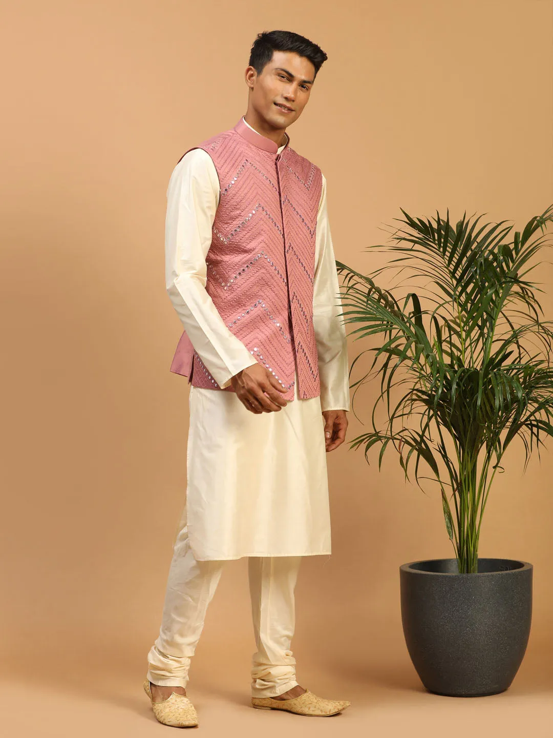 Jashvi Men's Onion Pink Mirror Jacket With Kurta Pyjama Set