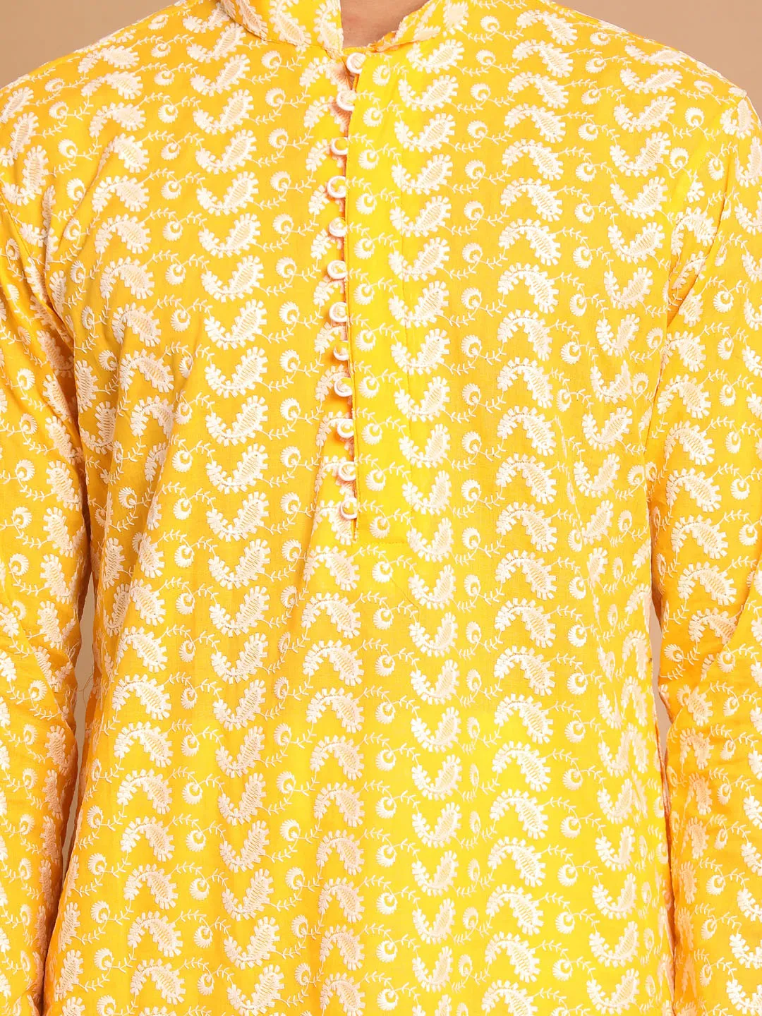 Jashvi Men's Orange Pure Cotton Chikankari Kurta With Patiala set