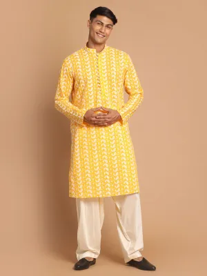 Jashvi Men's Orange Pure Cotton Chikankari Kurta With Patiala set