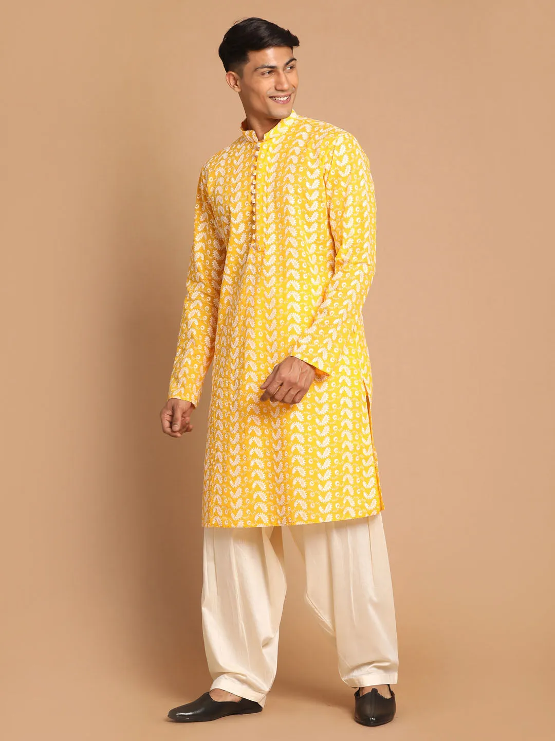 Jashvi Men's Orange Pure Cotton Chikankari Kurta With Patiala set
