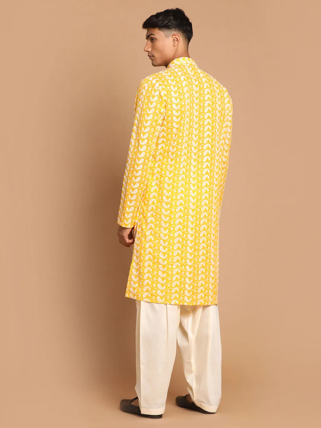 Jashvi Men's Orange Pure Cotton Chikankari Kurta With Patiala set