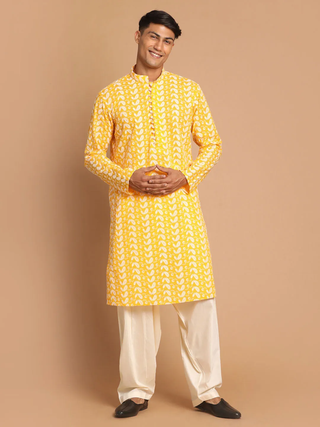 Jashvi Men's Orange Pure Cotton Chikankari Kurta With Patiala set