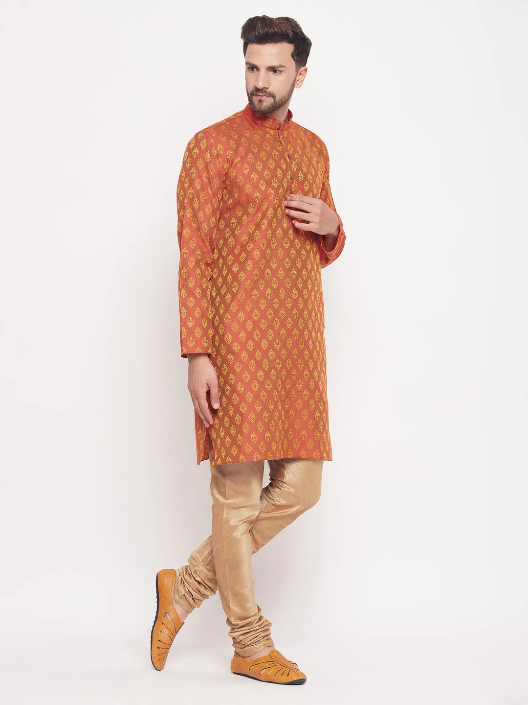 Jashvi Men's Red Woven Kurta Pyjama Set