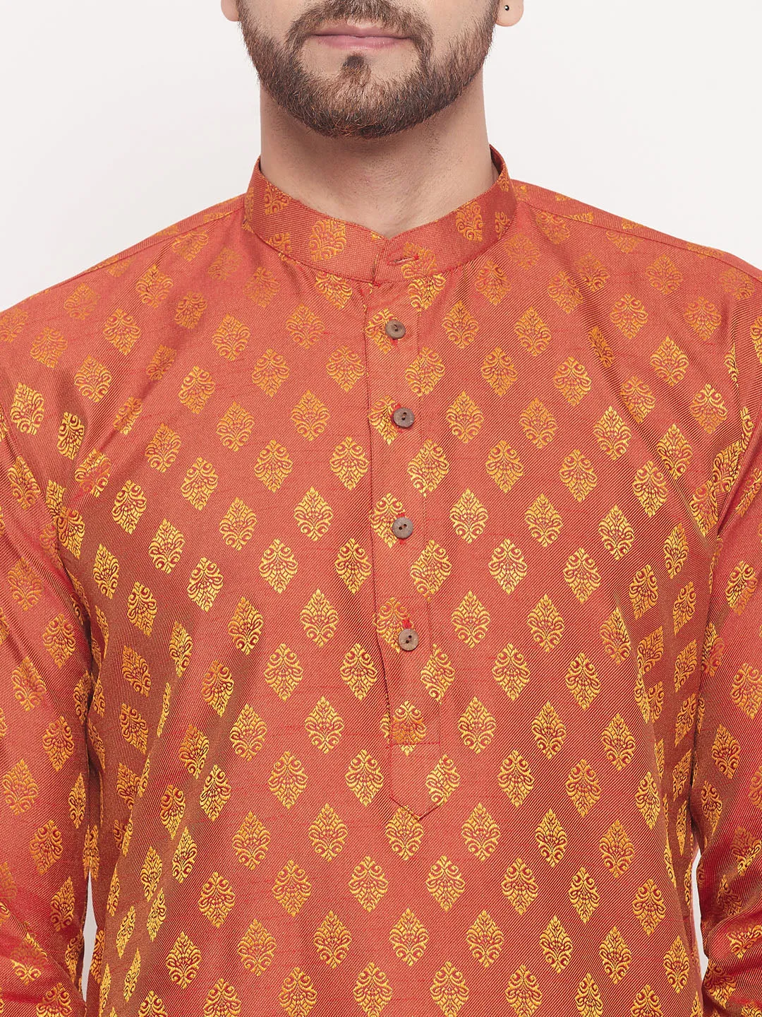 Jashvi Men's Red Woven Kurta Pyjama Set