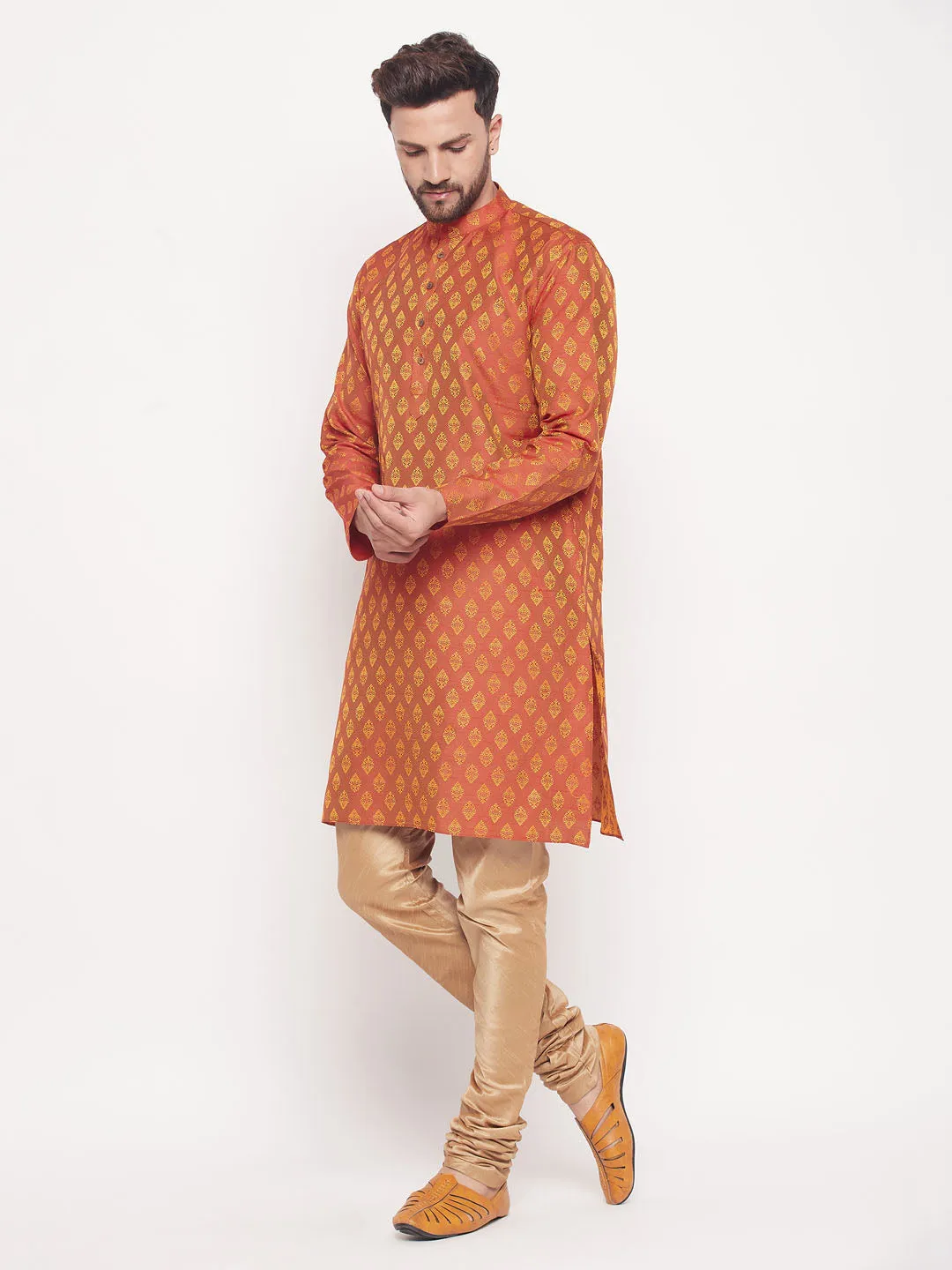 Jashvi Men's Red Woven Kurta Pyjama Set