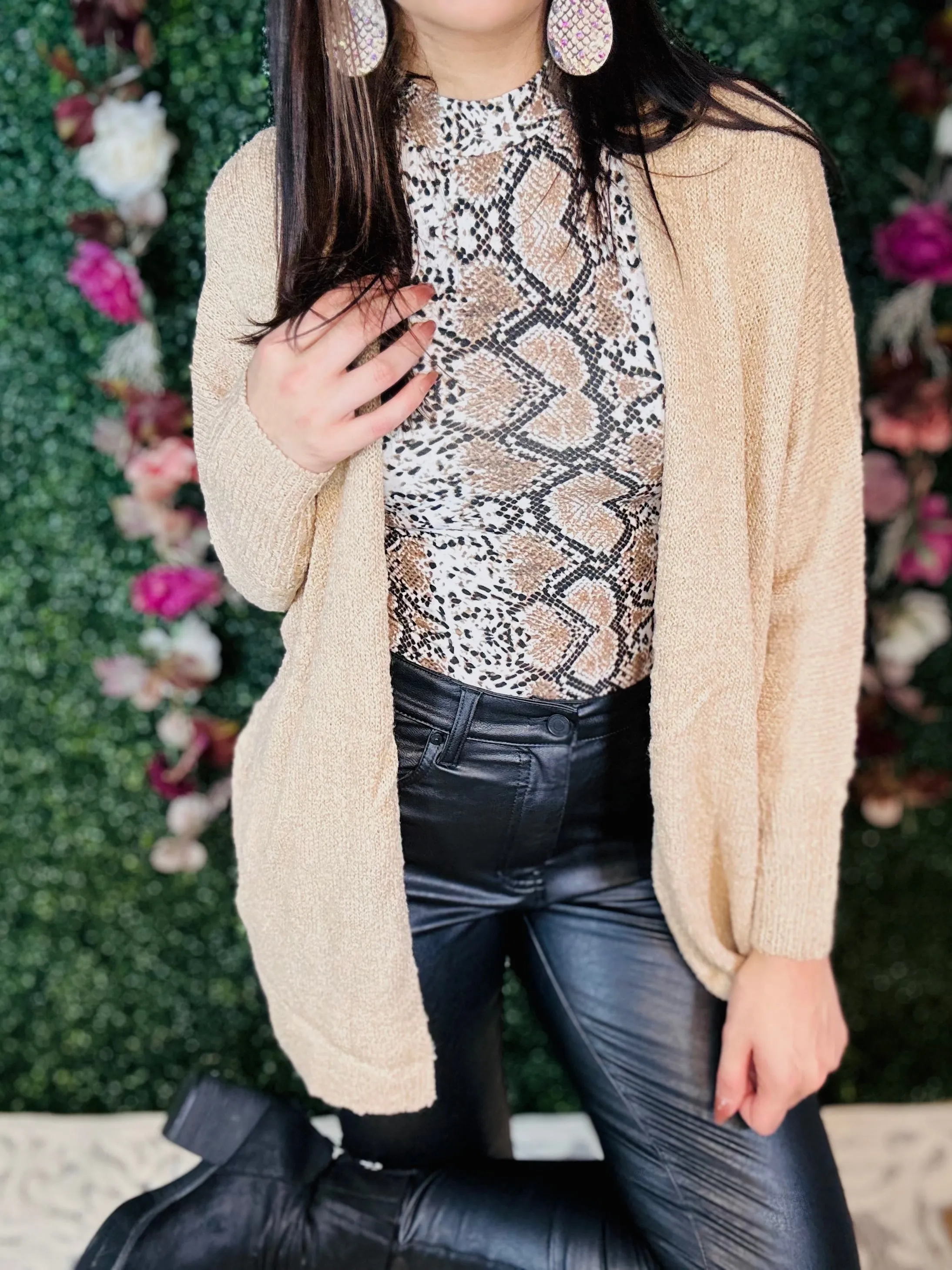 Just Casual Mock Neck Bodysuit Top- Beige Viper
