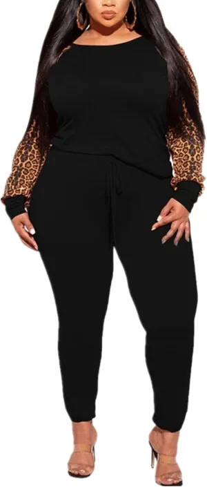 Plus Size Leopard Print 2 Piece Outfit for Women Sweatsuits Sets Tops and Sweatpans Sweatsuits Tracksuits