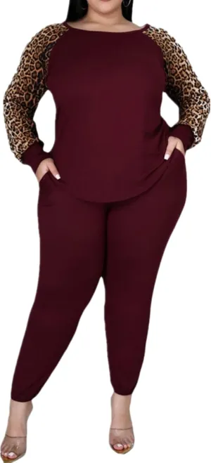 Plus Size Leopard Print 2 Piece Outfit for Women Sweatsuits Sets Tops and Sweatpans Sweatsuits Tracksuits