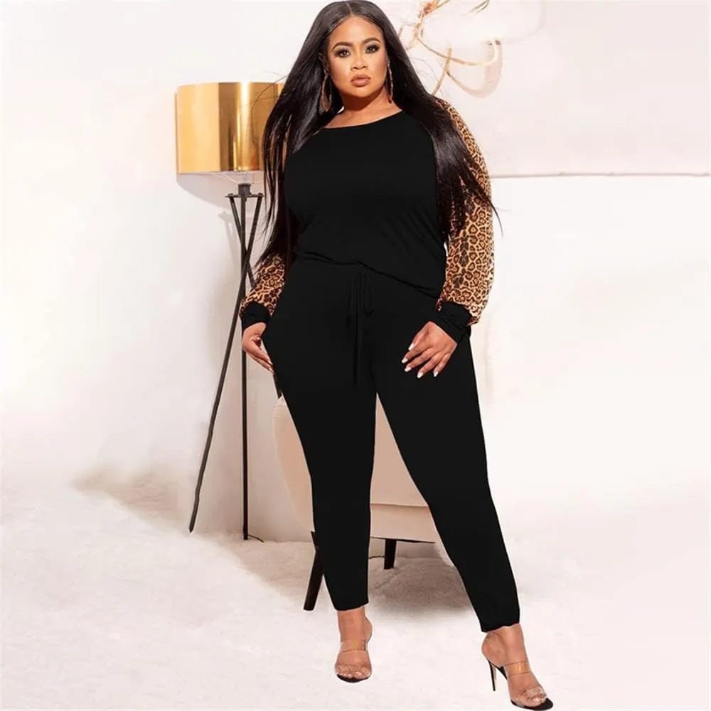 Plus Size Leopard Print 2 Piece Outfit for Women Sweatsuits Sets Tops and Sweatpans Sweatsuits Tracksuits