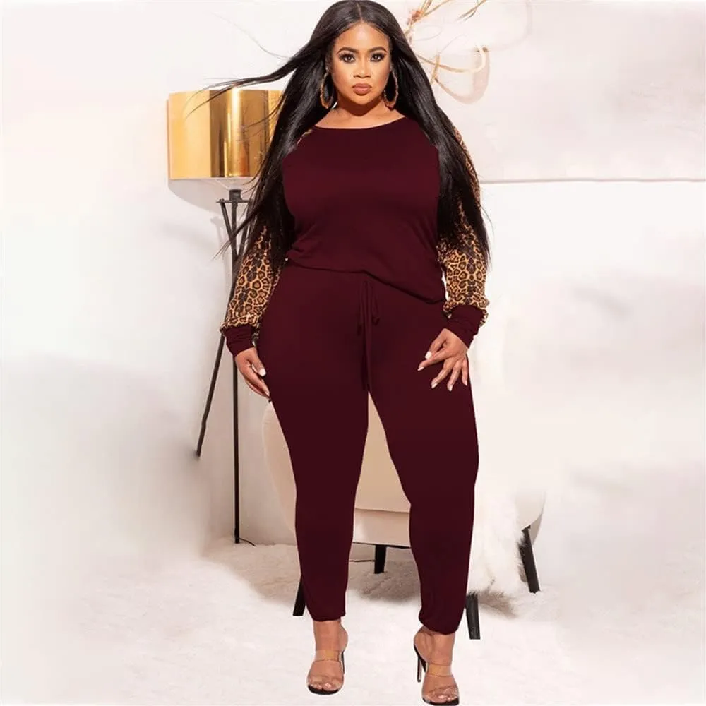 Plus Size Leopard Print 2 Piece Outfit for Women Sweatsuits Sets Tops and Sweatpans Sweatsuits Tracksuits