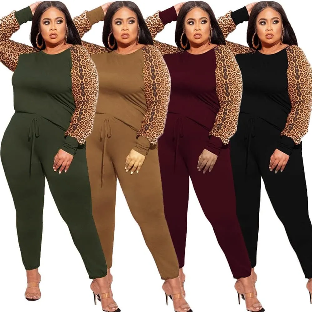 Plus Size Leopard Print 2 Piece Outfit for Women Sweatsuits Sets Tops and Sweatpans Sweatsuits Tracksuits