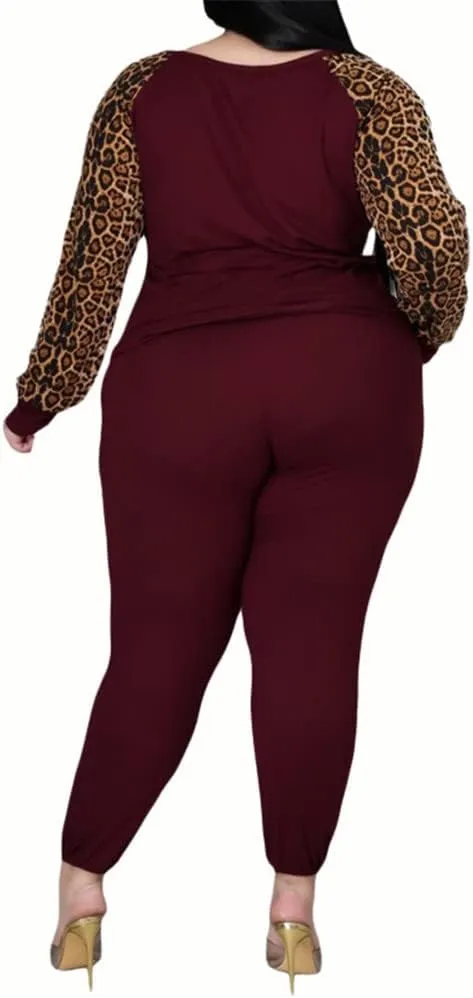 Plus Size Leopard Print 2 Piece Outfit for Women Sweatsuits Sets Tops and Sweatpans Sweatsuits Tracksuits