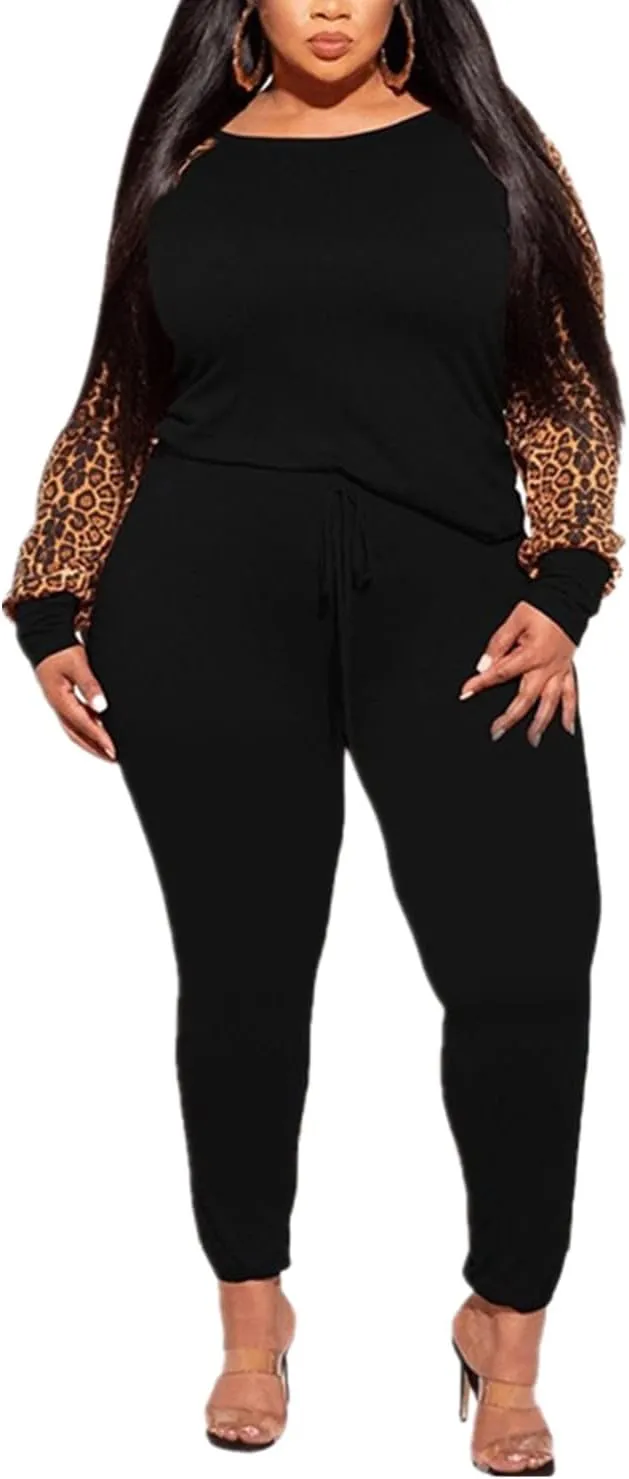 Plus Size Leopard Print 2 Piece Outfit for Women Sweatsuits Sets Tops and Sweatpans Sweatsuits Tracksuits