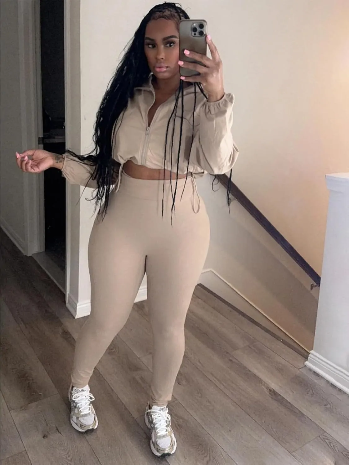 Uni Clau Women 2 Piece Outfits Tracksuit Drawstring Long Sleeve Zip Up Crop Jacket with Bodycon Pant Set Sweatsuit Clothes