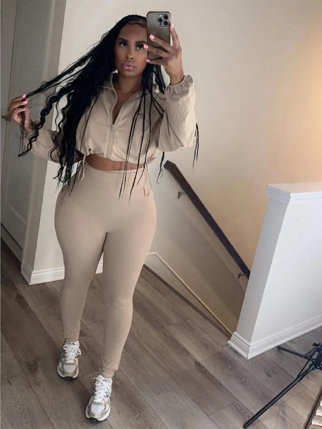 Uni Clau Women 2 Piece Outfits Tracksuit Drawstring Long Sleeve Zip Up Crop Jacket with Bodycon Pant Set Sweatsuit Clothes