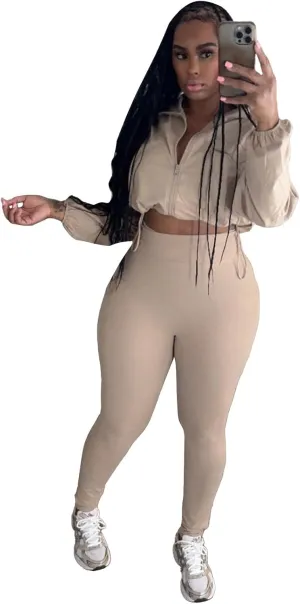 Uni Clau Women 2 Piece Outfits Tracksuit Drawstring Long Sleeve Zip Up Crop Jacket with Bodycon Pant Set Sweatsuit Clothes