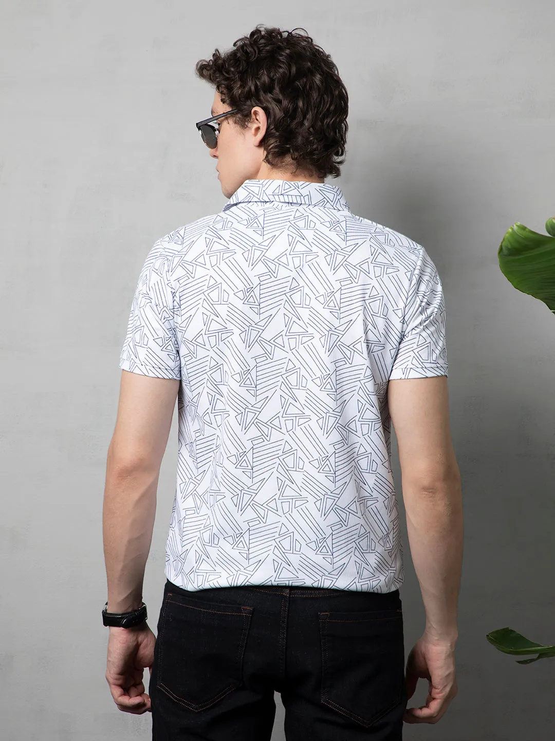 White Abstract Printed Polo T-Shirt