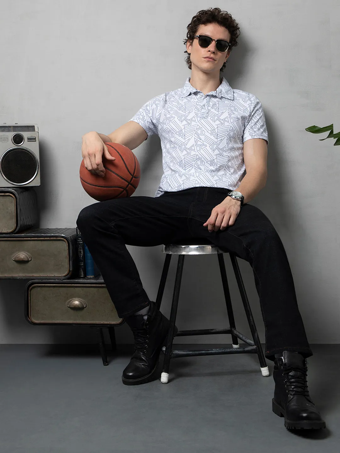 White Abstract Printed Polo T-Shirt